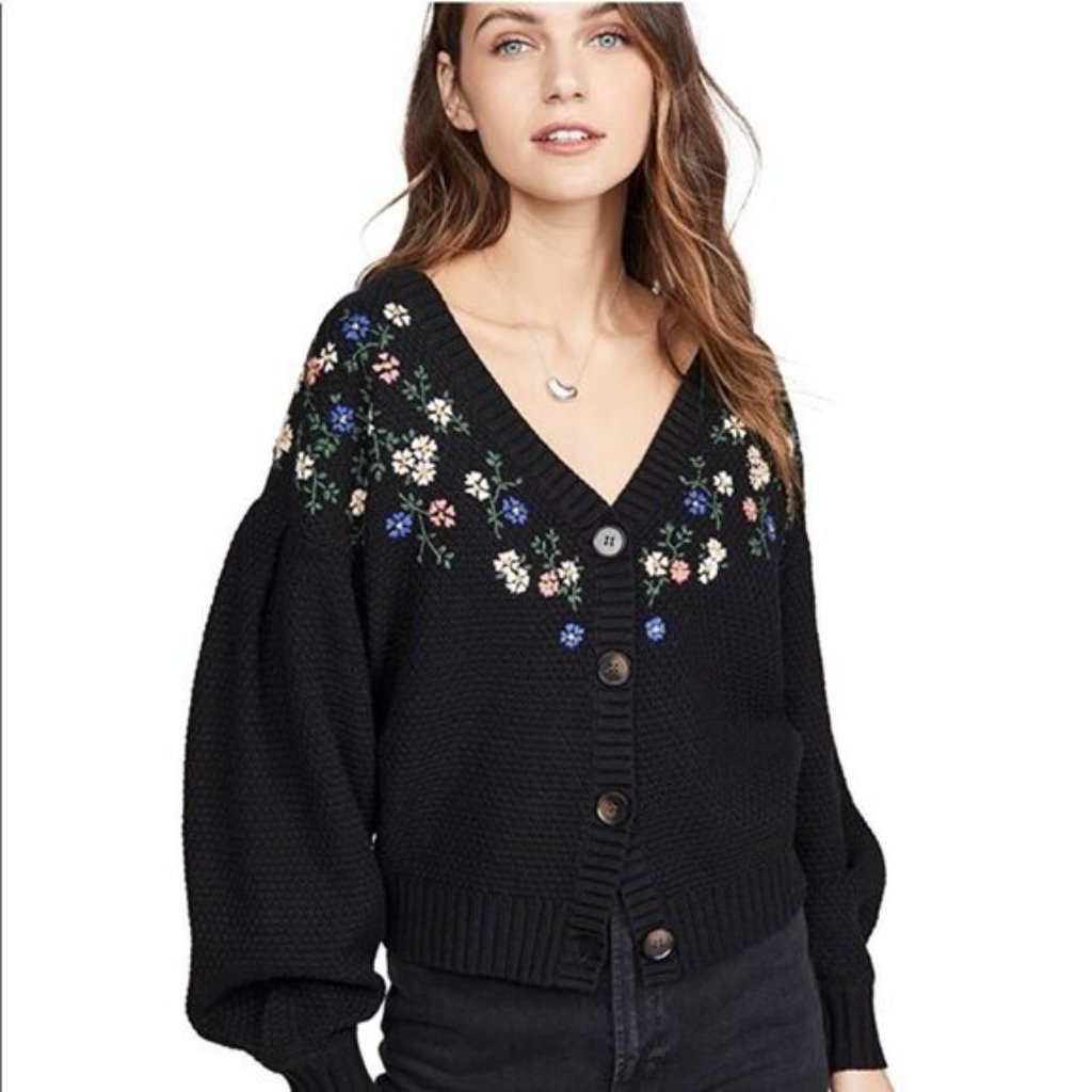 The Great. Pleat Sleeve Embroidered Cardigan